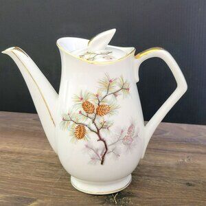 Vintage Pinecone Porcelain Coffee/Tea Pot With Lid,  Brown & Gold Tree Branch &